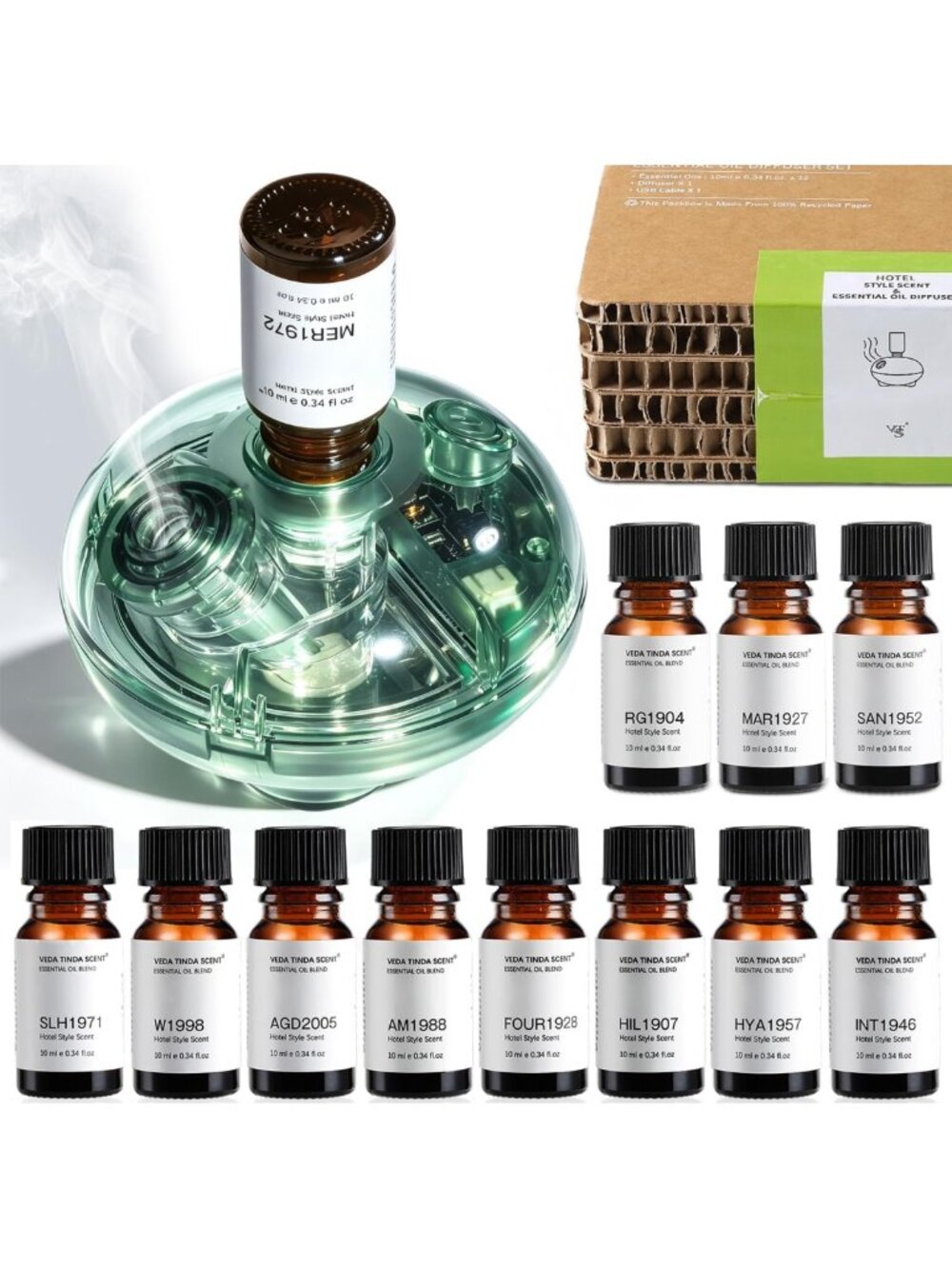 Waterless Essential Oil Diffuser & 12 Hotel Fragrance Oils - Aromatherapy Set